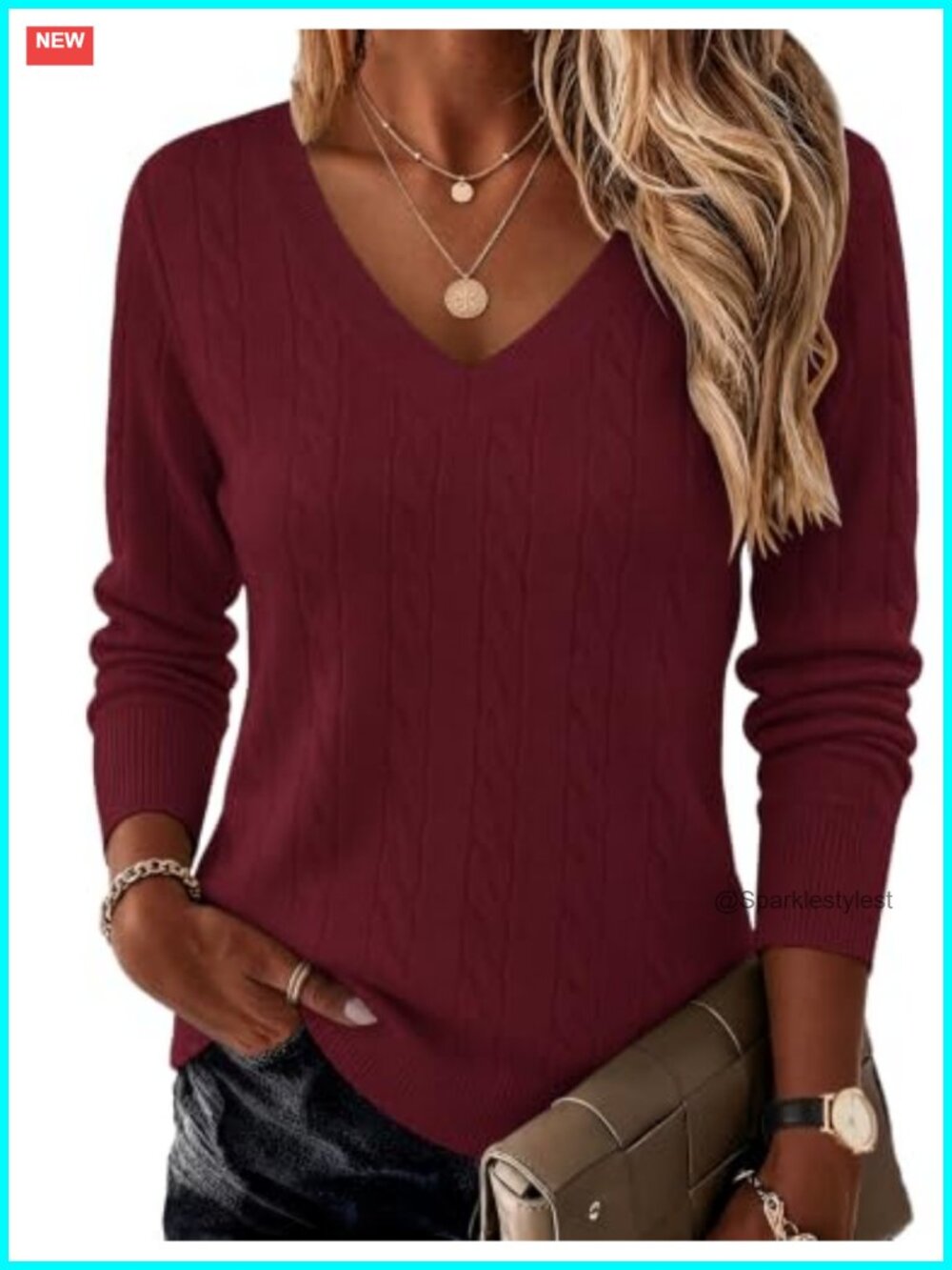 Cable Knit V Neck Long Sleeve Pullover Sweater Women Lightweight Fall Top